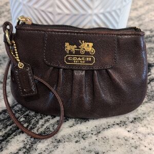 Coach Dark Brown Leather Wristlet with Gold Emblem